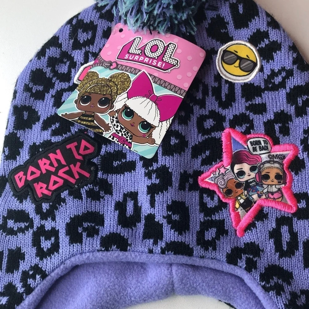Lol Surprise! Born To Rock Hat Kids Purple Cheetah Winter Hat with Pom Pom NWT